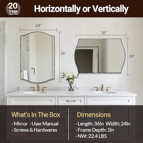 ANDY STAR 24"x36" Black Bathroom Mirror, Rectangle Scalloped Wall Mirror in Stainless Steel Metal Frame, Modern Matte Black Finish with Curved Edge Design, Wall-Mount Vertically or Horizontally