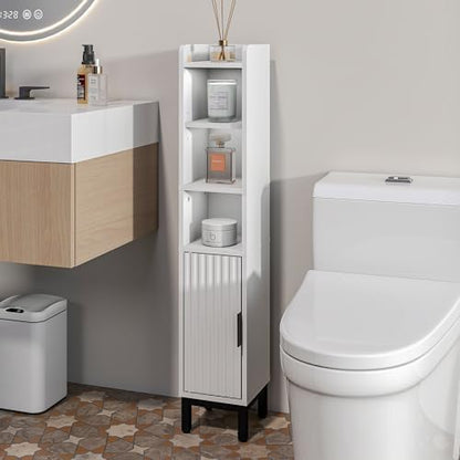 FerniTry Small Bathroom Storage Cabinet, Corner Floor Cabinet with Door and Shelves, Narrow Toilet Paper Cabinet, Bathroom Organizer with Adjustable Shelf for Small Spaces, White, 5-Tier