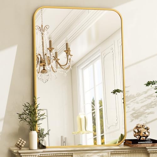 Easly 30 x 40 Inch Bathroom Mirror, Rounded Rectangular Vanity Mirror for Wall, Modern Mirror for Room Decor, Gold Framed Wall-Mounted Mirrors for Home Decor, Hangs Horizontally or Vertically