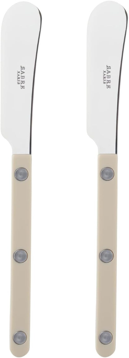 Sabre Paris - Set of 2 Spreader Knives 5.5 inches - Bistrot Collection - Perfect for Butter, Tapenades, Spreads - Stainless Steel & Nylon - Dishwasher Safe - Light Kaki - Brilliant Finish