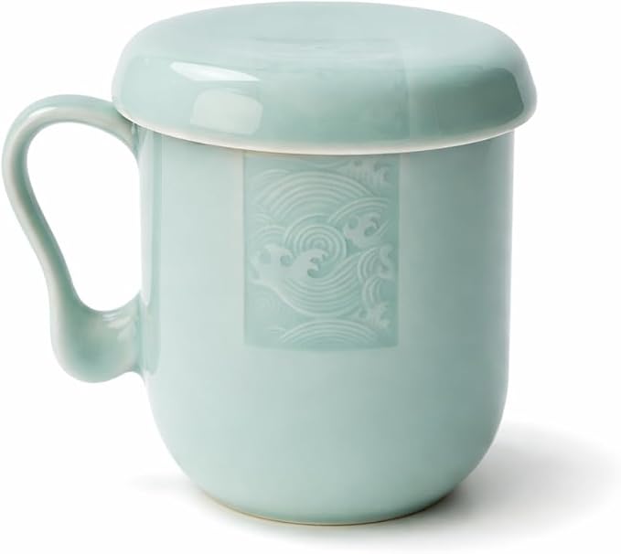 Tea Infuser Mug with Lid, 12oz Handcrafted Celadon Loose Leaf Cup — Ceramic Strainer Brewing Mug, Sage Green Japandi Drinkware, Gift for Tea Lovers