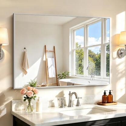 COFENY 30x40In Silver Bathroom Mirror for Wall, Brushed Nickel Rectangle Mirrors with Metal Frame, Bathroom Rectangular Mirror Modern Wall Mirror for Bedroom Living Room, Hangs Horizontal or Vertical