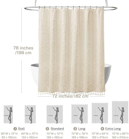 Siiluminisoy Extra Long Boho Farmhouse Shower Curtain, 72 x 78 Cream/Beige Tufted Chevron Textured Striped Modern Minimalist Cloth Curtain for Bathroom