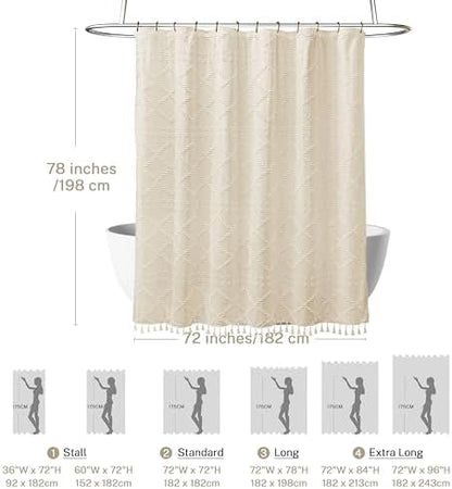 Siiluminisoy Extra Long Boho Farmhouse Shower Curtain, 72 x 78 Cream/Beige Tufted Chevron Textured Striped Modern Minimalist Cloth Curtain for Bathroom