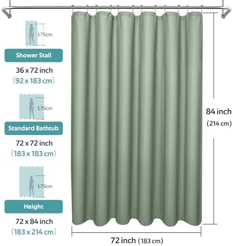 Vipfree 3 in 1 Shower Curtain Set, Waffle Shower Curtain and Liner Set with 12 Double Sided Shower Curtain Hooks, 258GSM Luxury Weighted Cloth Shower Curtains for Bathroom, 72 W x 84 H, Sage Green