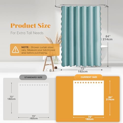 BTTN Boho Scalloped Linen Textured Cloth Shower Curtain Set, 72x84, Teal