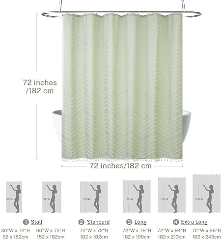 Boho Shower Curtain with White Tassel Woven Fabric Sage Green Shower Curtain 72 x 72 Modern Farmhouse Textured Tufted Chevron Striped Minimalist Bathroom Shower Curtain