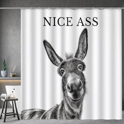 Funny Donkey Nice Ass Shower Curtain Gag Gift Farmhouse Decor Animal Black and White Novelty Sarcastic Rustic Bathroom Bath Decor Bathtub Curtain Fabric Shower Curtain Set with 12 Hooks, 72"x72"