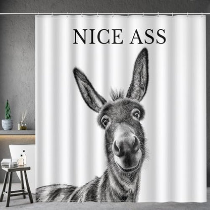Funny Donkey Nice Ass Shower Curtain Gag Gift Farmhouse Decor Animal Black and White Novelty Sarcastic Rustic Bathroom Bath Decor Bathtub Curtain Fabric Shower Curtain Set with 12 Hooks, 72"x72"
