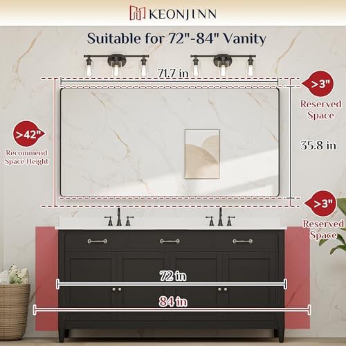 Keonjinn 72 x 36 Inch Brushed Nickel Bathroom Vanity Mirror, Tempered Glass