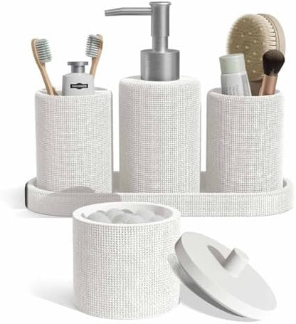 Clara Clark Bathroom Set - White Bathroom Accessories Set, 5PC Bathroom Accessory Set, Bathroom Sets with Soap Dispenser, Toothbrush Holder, Tumbler, Cotton Swab Jar & Vanity Tray