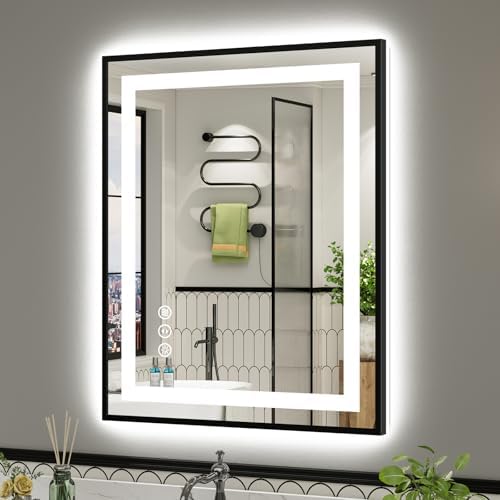 28X36 Inch LED Bathroom Mirror with Black Frame, Backlit & Front Lit