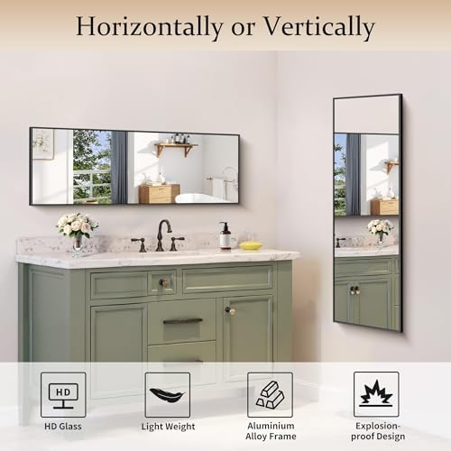 COFENY Black Bathroom Mirror for Wall, 16x48 Inch Rectangle Mirror with Metal Frame, Modern Vanity Mirrors for Bathroom Living Room, Entryway Hangs Horizontal or Vertical