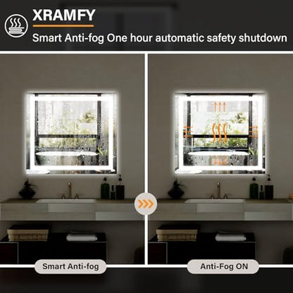 XRAMFY 36"X36"LED Bathroom Mirror, Backlit + Front Lit Wall Mirror