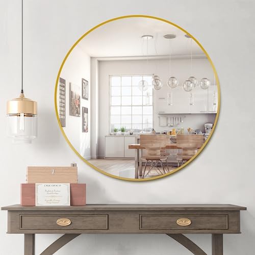 Delma 30 Inch Gold Round Circle Mirror for Bathroom Wall, Metal Frame