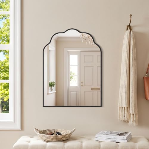 Arched Scalloped Mirror, 18×24Inch Black Mirror for Bathroom, Wavy Wall Mounted Vanity Mirror with Aluminum Alloy Frame for Livingroom Bedroom and Entryway, Tempered Glass