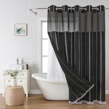 eachope Extra Long No Hook Shower Curtain with Snap-in Liner,71x86,Black