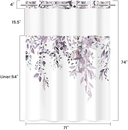 WITHLOC No Hook Floral Shower Curtain with Liner, Eucalyptus Plum, 71x74