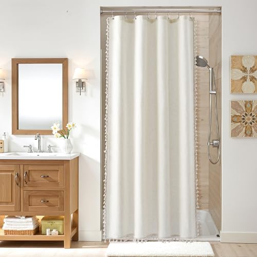 Nanspring Stall Natural Boho Linen Shower Curtain 48 Inches Neutral French Country Curtain for Bathroom Farmhouse Weighted Tassel Shower Curtain Set with Hooks Modern Vintage Style Decor 48x72, Cream