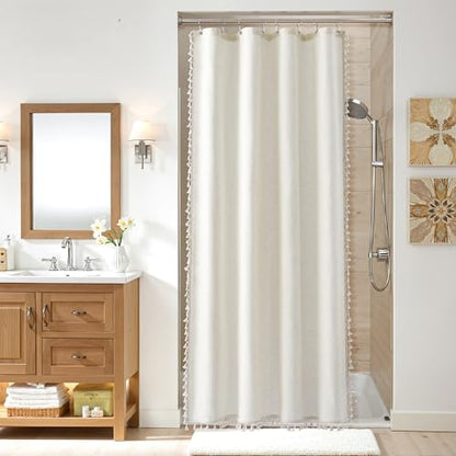 Nanspring Stall Natural Boho Linen Shower Curtain 48 Inches Neutral French Country Curtain for Bathroom Farmhouse Weighted Tassel Shower Curtain Set with Hooks Modern Vintage Style Decor 48x72, Cream