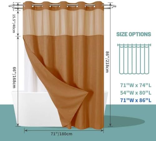 No Hook Long Waffle Shower Curtain, Snap-In Liner, 71x86 in, Burnt Orange