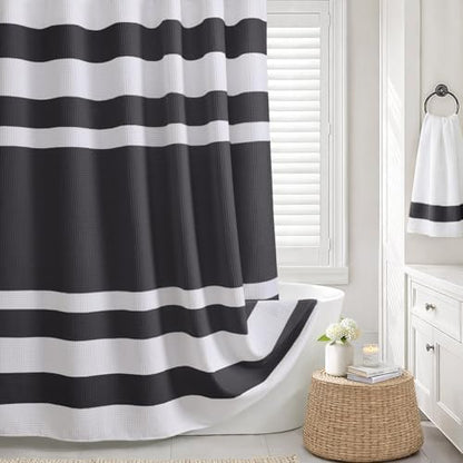 Waffle Weave Shower Curtain Heavyweight Cotton Fabric Dark Grey 72Wx72L