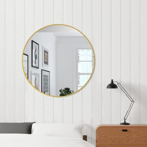 Delma 26 Inch Gold Round Circle Mirror for Bathroom Wall, Metal Frame