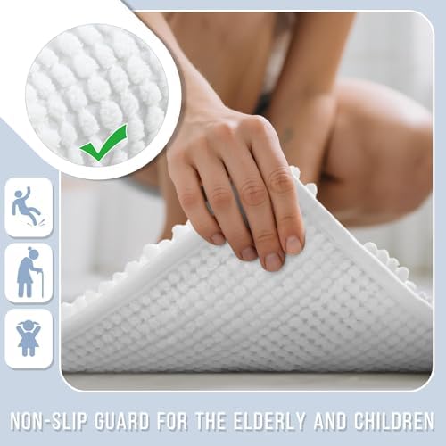 Yimobra Bathroom Rug Mat, Non Slip and Super Absorbent Bath Mat, Machine Washable Quick Dry, Ultra Plush Chenille Shower Rugs for Bathroom Floor Sink Tub and Shower Outside, White, 24 x 17