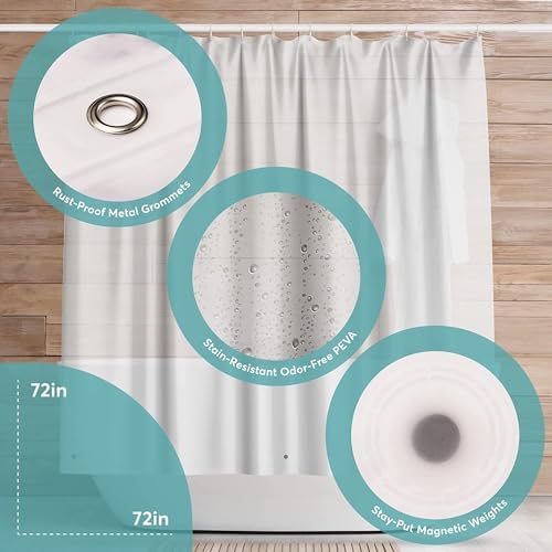 BigFoot Shower Curtain – 72 x 72 PEVA Heavy Duty Shower Curtain with Rustproof Metal Grommet and 3 Magnetic Weights – Odor Free and Compatible with Standard Showers, White