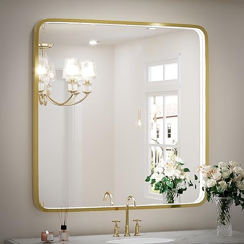 36X36 Inch LED Gold Frame Bathroom Mirror, ETL Listed