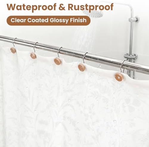Wood Shower Curtain Hooks Rust Proof, Boho Shower Curtain Hooks Decorative, 24 Pack Shower Hooks for Shower Curtain, Shower Curtain Hangers Hooks (Wood,24)