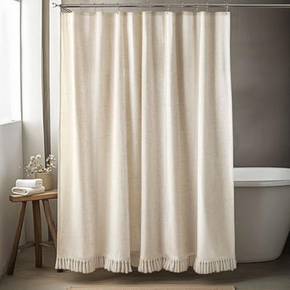 Linen Shower Curtain Boho Beige Shower Curtain with Tassels 72"W x 80"L