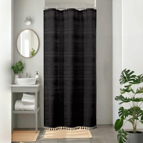OVZME Black Boho Stall Shower Curtain, Narrow Soft Fabric Striped Linen Textured Bathroom Shower Curtain with Tassel, Modern Farmhouse Machine Washable Bath Decor, Black, 36Wx72L Inches
