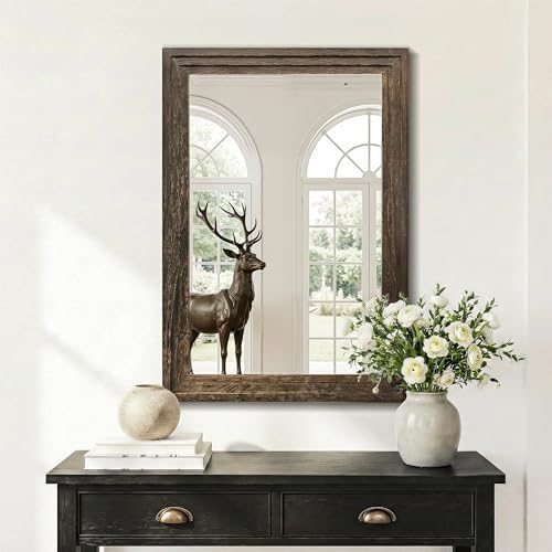 Farmhouse Rustic Wood Framed Bathroom Vanity Mirror for Wall, 20x30, Brown