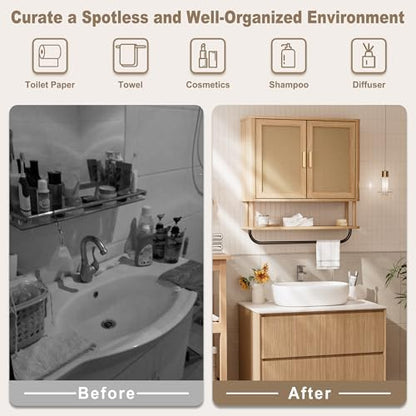 INNOD Rattan Bathroom Wall Cabinet with Towel Bar, Wall-Mounted Medicine Cabinet with Adjustable Wood Shelf & Doors, Over the Toilet Storage Cabinet for Laundry Room & Kitchen & Living Room