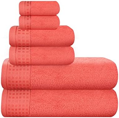 GLAMBURG 100% Cotton Ultra Soft 6 Pack Towel Set, Contains 2 Bath Towels 28x55 Inches, 2 Hand Towels 16x24 Inches & 2 Wash Coths 12x12 Inches, Compact Absorbent Lightweight & Quickdry - Coral Orange