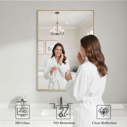Koonmi Gold Mirrors for Wall, 24x36 Inch Bathroom Mirror, Rectangular Wall Mirror for Living Room Bedroom Bathroom, Hangs Horizontally or Vertically
