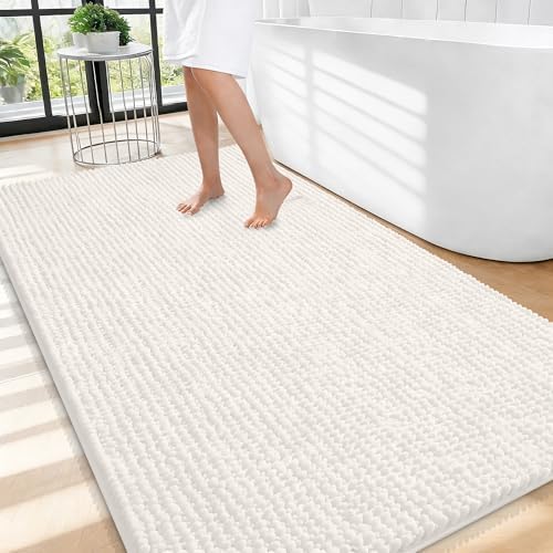 OLANLY Thick Chenille Large Bathroom Rugs 44x32, Absorbent Bath Mat, Ivory