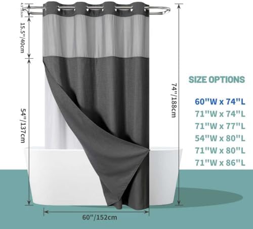 No Hook Waffle Shower Curtain with Snap-in Liner, 60x74 Inch, Charcoal