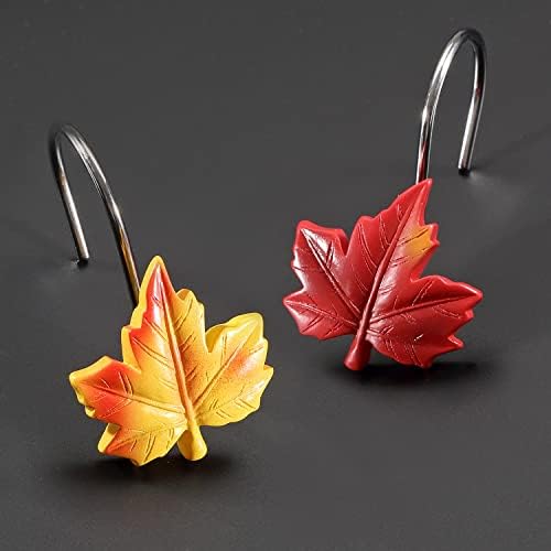 Maple Leaf Shower Curtain Hooks, 12Pcs Thanksgiving Decorative Shower Curtain Hooks, CHICTIE Autumn Fall Leaves Shower Curtain Rings Rustproof for Bathroom Bedroom Room Decor (Red + Yellow)