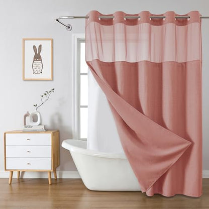 eachope No Hook Waffle Shower Curtain with Snap-in Liner, 71x77 Inch, Coral