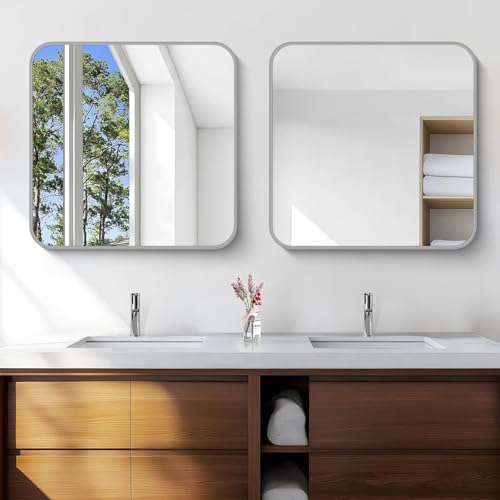 Silver Bathroom Mirror, 30 x 30 Inch Silver Square Mirror, Metal Framed Rectangular Vanity Mirror, Rounded Corner Wall Mounted Mirror for Living Room Bedroom Entryway Hangs Horizontal/Vertical