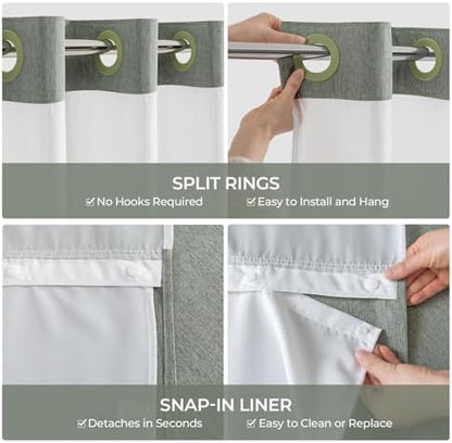 River Dream Linen Textured No Hooks Shower Curtain with Liner,Green,71x74