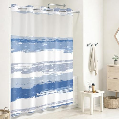 No Hook Shower Curtain with Liner, Navy Blue Stripe, 71x74 Inch
