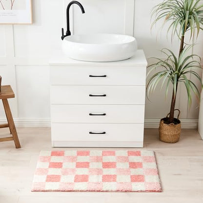 CozeCube Blossom Pink Checkered Bath Mat 32"x20" Non Slip Washable Rug
