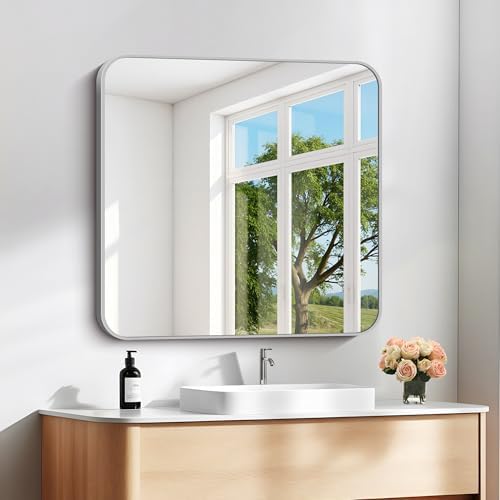DESBING 30" x 30"Bathroom Mirror, Silver Wall Mirror with Metal Frame, Decorative Rectangular Vanity Mirror for Bedroom Bathroom Living Room Entryway (Horizontal/Vertical)