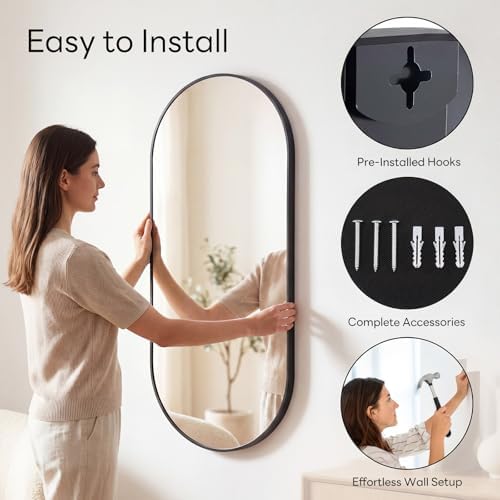 Sweetcrispy 24" x 48" Black Bathroom Mirror for Wall, Oval Walls Mirror