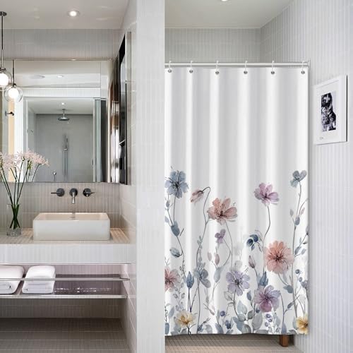AWERT Wildflower Stall Shower Curtain for Bathroom Watercolor Floral Half Size Shower Curtain with Hooks Waterproof Flower Printing Fabric Bathroom 36x72inch