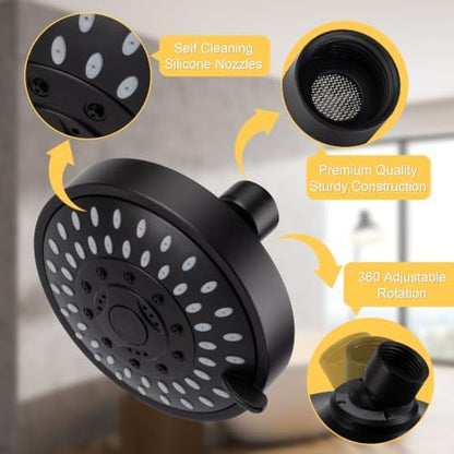 AISOSO High Pressure Rain Shower Head 2PCS 5 Modes 4.1 Inch Matte Black