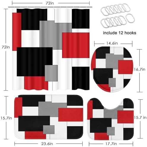 Bathroom Sets with Shower Curtain and Rugs, 4 Pcs, Red Geometric